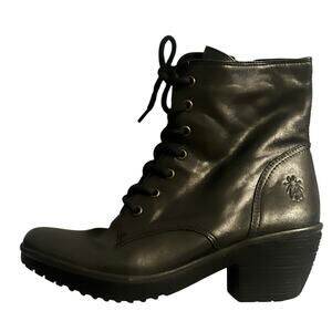 Fly London Boots Ankle Lace Up •Women 39/ 8.5• Heels Leather Brown Bronze Grey